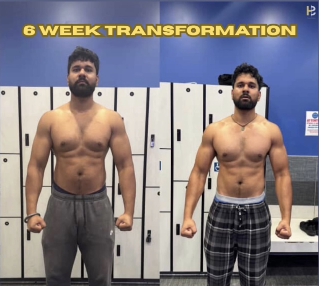 Client before and after photographs labelled six week transformation